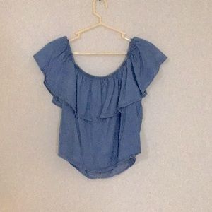 Haute Monde ruffled jean top.